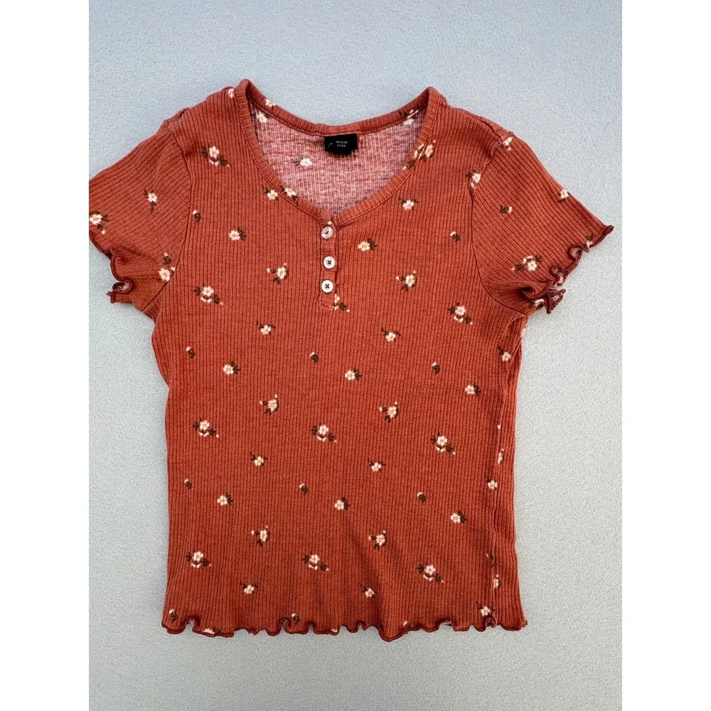 Art Class Girls Rust Orange Floral Ribbed Henley Top Lettuce‎ Trim L 10/12